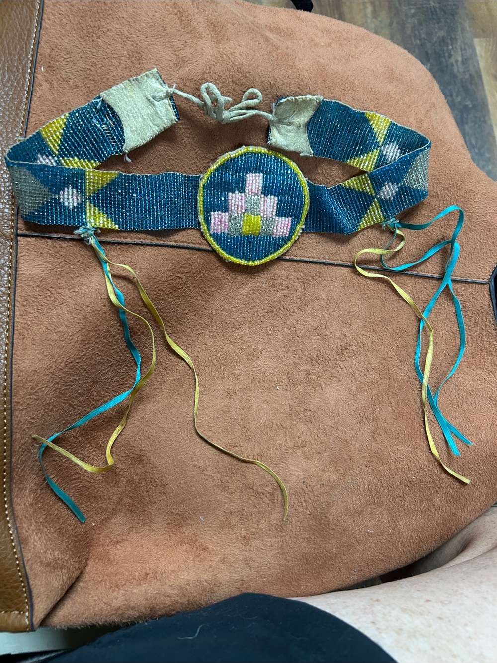 Native Handmade Beaded Floral headband or choker in Teal and Yellow
